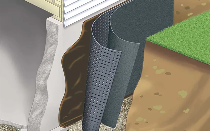 Cutaway illustration of moisture protection beside a foundation